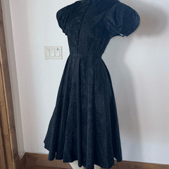 Vintage 1930’s 1940’s Black Puff Sleeve Full Sweep Half Button Dress Size XXS
