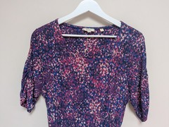 Fat Face Purple & Blue Abstract Print Dress Size 10 Jersey Stretch Ruched Sleeve
