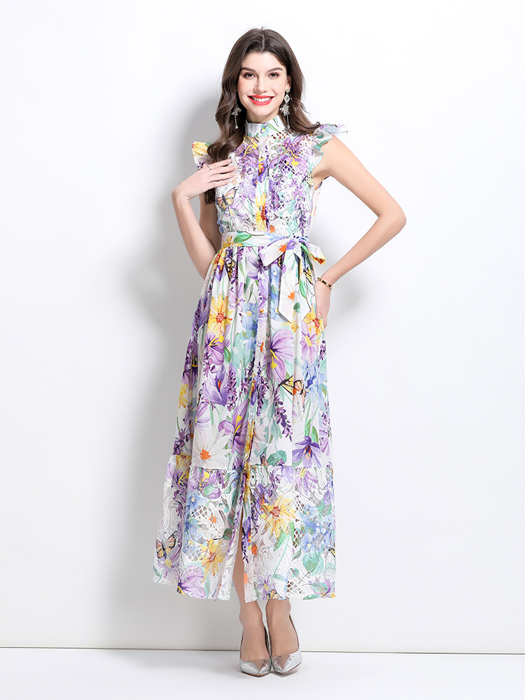 Runway Vintage Floral Print Collar Bow Tie Belt Women Casual Party Beach Dresses