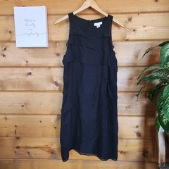 Kenar Black 100% Silk Ruffle Dress Sleeveless Sheer Chiffon Tiered Sheath Sz 12