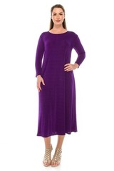 Travel Knit Dress, long A-Line, 3/4 sleeve, Stretchy NO-IRON poly/span.Purple q
