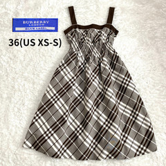 BURBERRY Blue Label Dress Brown Plaid Check Smocked Cotton Womens 36 (US XS-S)