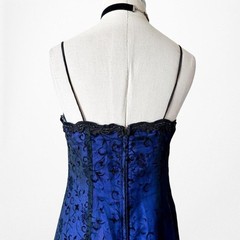 Vintage Y2K 90s Black Blue Velvet Mesh Glitter Fit Flared Maxi Prom Dress Size M