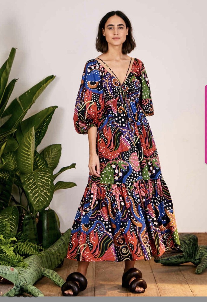 FARM Rio Tropical Under the Sea Cotton Midi Dress Size Puff Sleeve Small