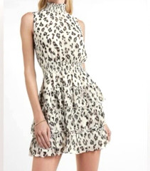 Express Smocked Mock Neck Sleeveless Chiffon Tiered Ruffle Geometric Dress MED