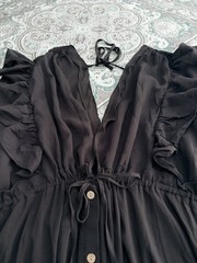 Halara Deep V Neck Butterfly Sleeve Drawstring Flowy Maxi Dress Black XL New!