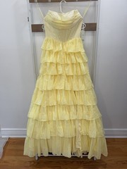 Stacees Yellow Strapless Ruffle Sequin Chiffon Long Gown Corset Lined US 0