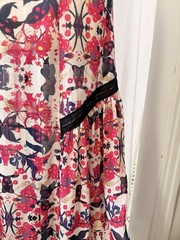 Sam & Lavi 100% Silk Floral Maxi Dress Ivory Red Black Lace Trim Size M