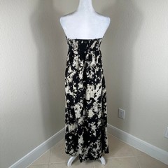 Billabong Maxi Dress Women Medium Black White Tie Dye Boho Embroidered Strapless