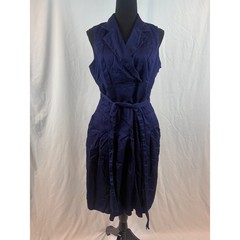 Navy Blue Sleeveless Wrap Dress Notched Lapel Pleated Skirt with Belt Pockets