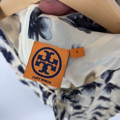 Tory Burch Cecilia Floral Pleated Dress Sz 2 Blue Cream A-Line Bow Neck Chiffon