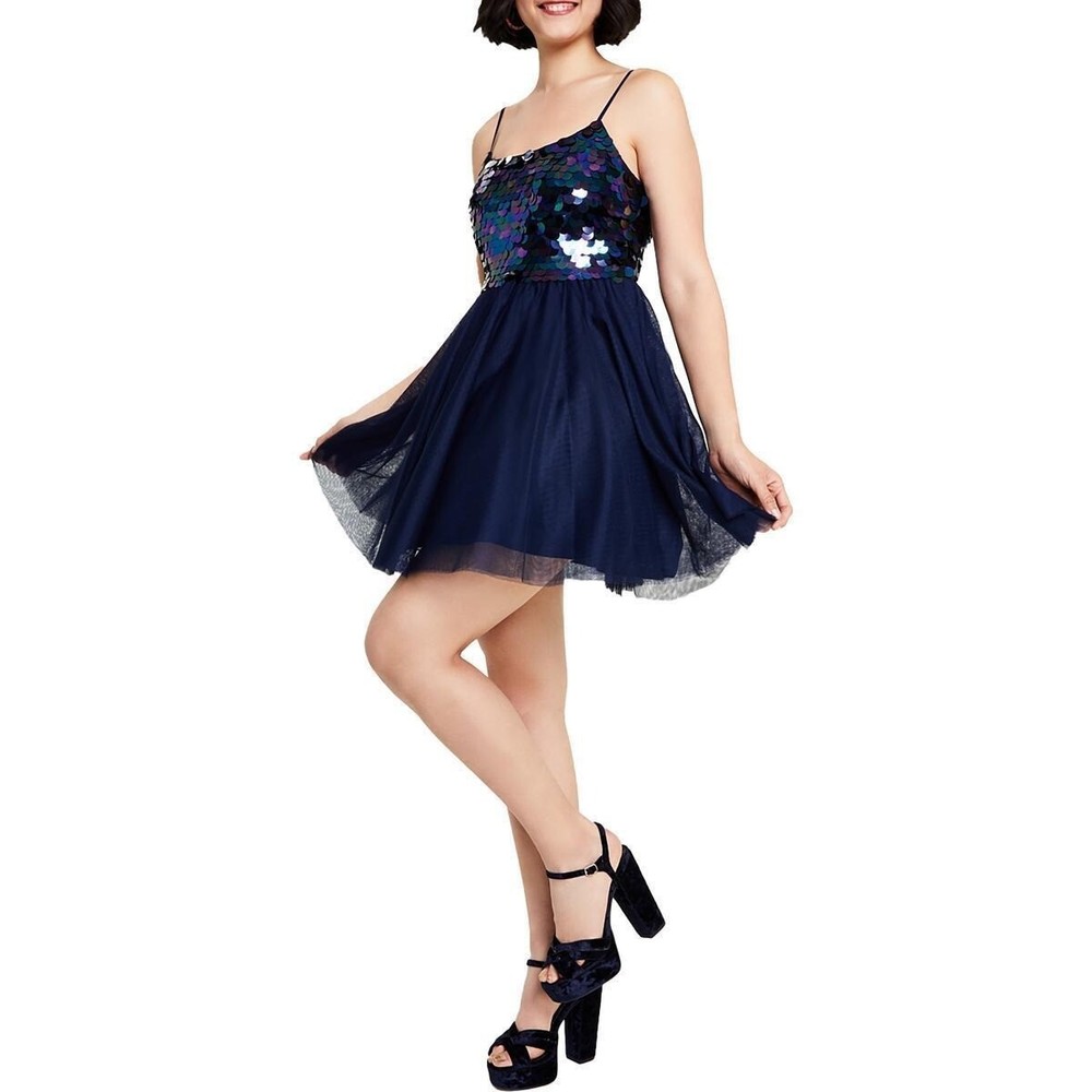City Studio Juniors Womens Sequined Mini Fit & Flare Dress Blue NWT