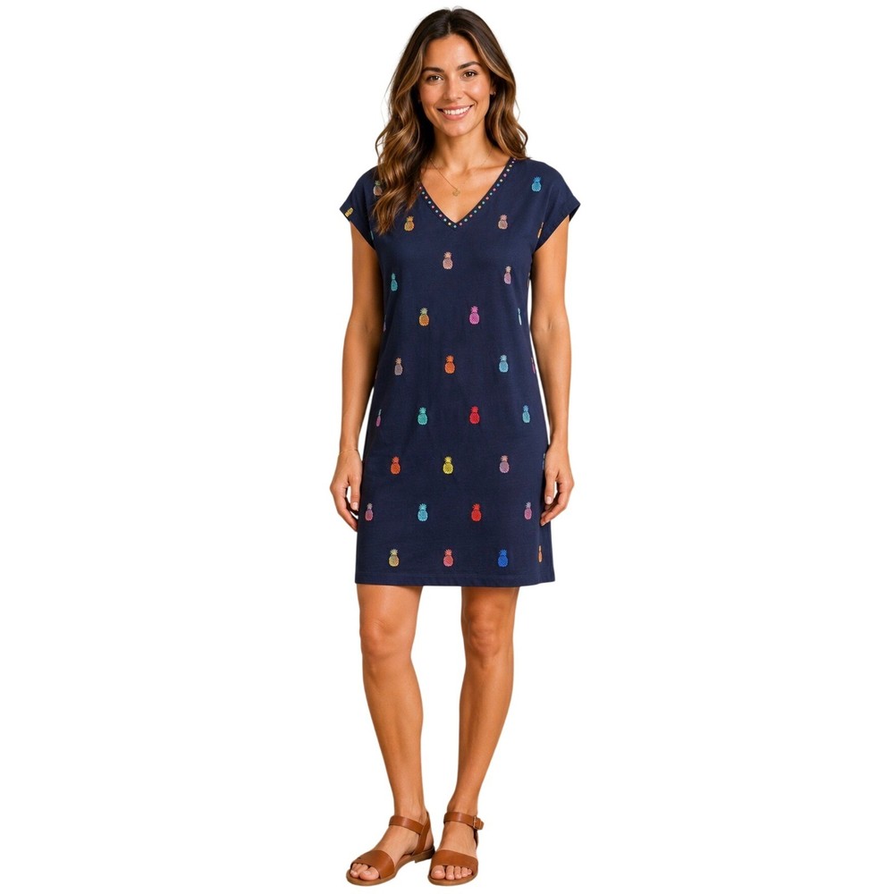 Boden Navy Blue Multi Pineapple Embroidered V-Neck Shift T-Shirt Dress US 8R
