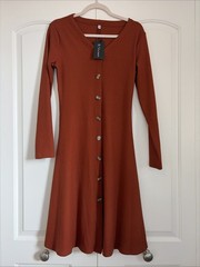 Ribbed Knit Button Front Midi Dress Rust Orange Long Sleeve Boho Fall Size M