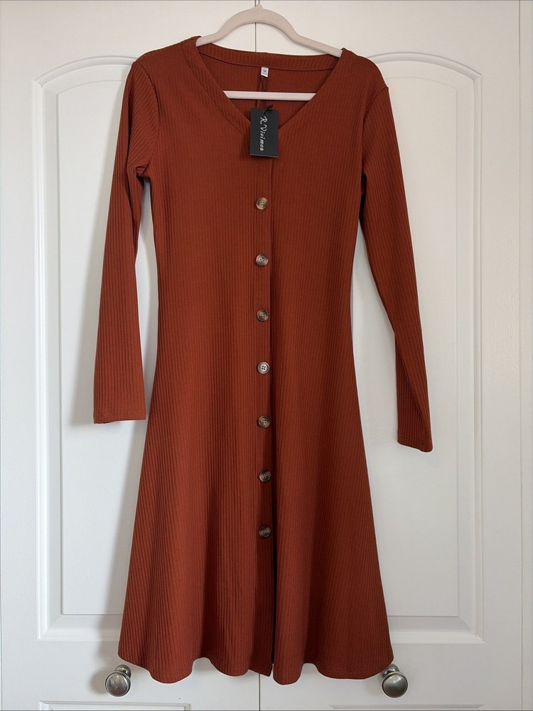 Ribbed Knit Button Front Midi Dress Rust Orange Long Sleeve Boho Fall Size M