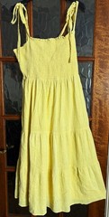 VGC Ladies NEW LOOK Plain YELLOW Multi TIERED TIE SHOULDERS Shirred Sun Dress 14