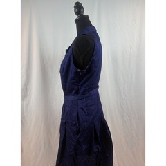 Navy Blue Sleeveless Wrap Dress Notched Lapel Pleated Skirt with Belt Pockets