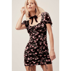 For Love & Lemons Biscotti Silk Mini Dress Women&rsquo;s XS Black Floral Ruched Tie