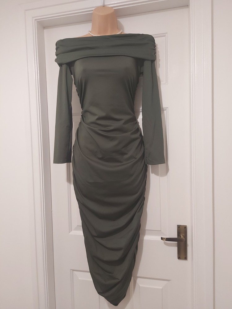 DARK FORREST GREEN SLINKY OFF SHOULDER WIGGLE MIDI EVENING/PARTY DRESS Size 14