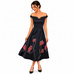 Karen MIllen 10 UK Black Cotton Floral Embroidered Beaded Bardot Fit Flare Dress