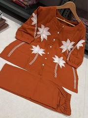 Women Cotton Flex Embroidered Co Ord Set Brown Shirt Top Wide Leg Pant Outfit