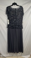 NWT $218 Pisarro Nights Beaded Mesh Mock Gown in Slate [SZ 14 ] #G931