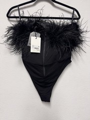 Bardot Black Feather Trim Body Suit Size S NWTS