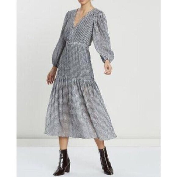 Bec & Bridge Nadine Crinkled Gingham Midi Dress Black US 6 UK 10 2249