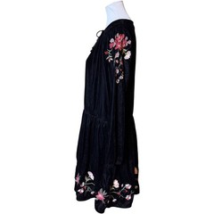 a.n.a Velvet Embroidered Dress Women Large Black Boho Tassel Floral Mini