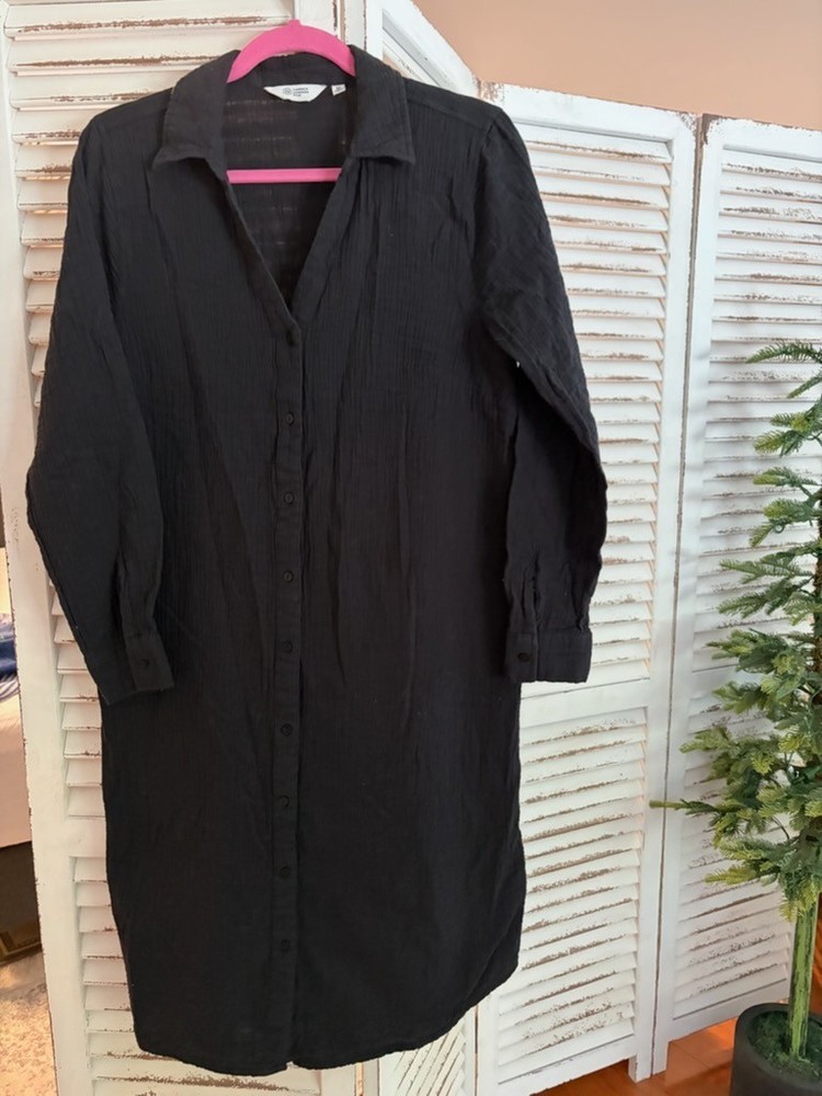 Candace Cameron Bure Regular Button Front Gauze Shirtdress (Med, Black) A593138