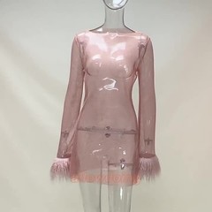 Women See Through Mesh Mini Dress Shiny Fur Fringed Full Sleeve Club Wear