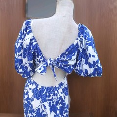 Hyacinth House Blue Floral Seaport Midi Dress Cut Out Back Romantic Puff Medium