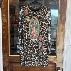 Ed Hardy Virgin Mary Leopard Mesh Mini Dress Tattoo Print Sz Large Bodycon