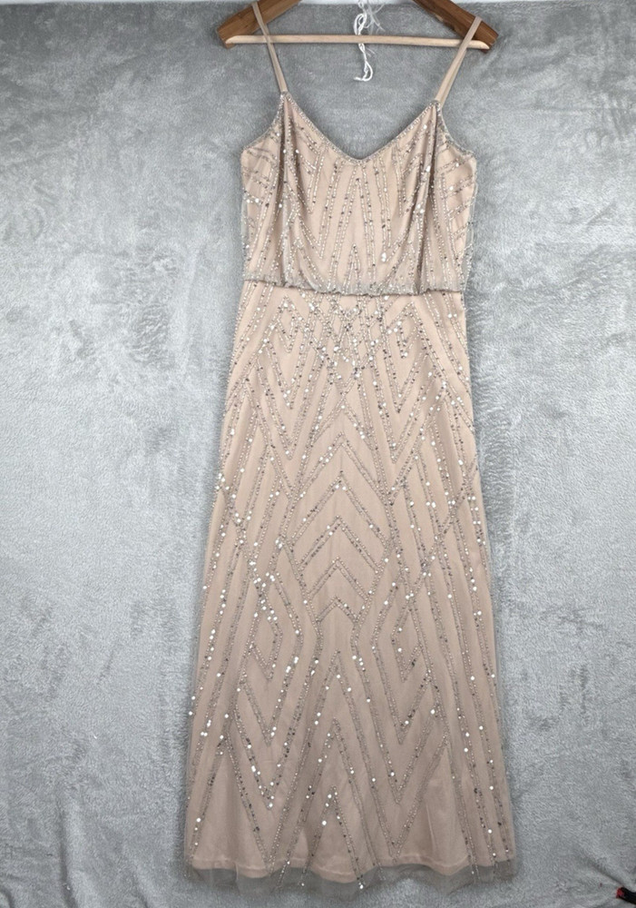 Adrianna Papell Evening Dress Womens 10 Blush Sequin Beaded Sleeveless V-Neck