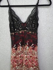 Y2K Ever Pretty Black Sequin Red Lace Asymmetric Tiered Dress Floral Fairy SZ 8