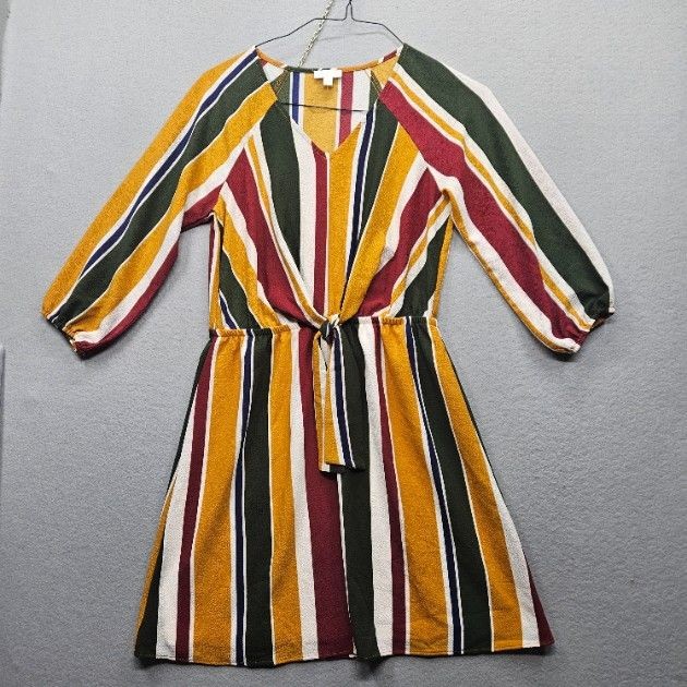 C Women&rsquo;s Size Small Multicolor Stripe 3/4 Sleeve Tie Front Dress