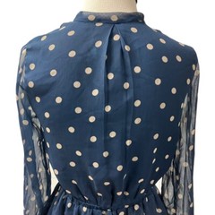 LUCCA COUTURE Womens Polka Dot Fit Flare Dress SZ XS Navy Bow Neck Long Sleeve