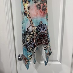 Abstract Multicolor Halter V-Neck Fit & Flare Hi-Low Dress Sleeveless S
