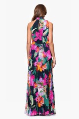 Xscape Green Multi Pleated Chiffon Floral Scarf Blouson Maxi Dress Size 14 $259