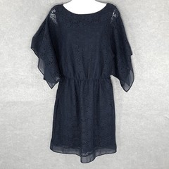 AB Studio Crochet Dress Navy Blue Sheer Lined Party Cocktail Sz M Romantic