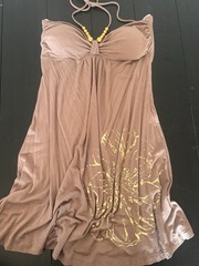 Papaya Khaki Brown And Gold Dress Medium Halter Style Beads Gold Details