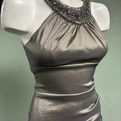 XSCAPE Metallic Silver Halter Dress 6 Ruched Bodycon Cocktail Bead Jewel Sequins