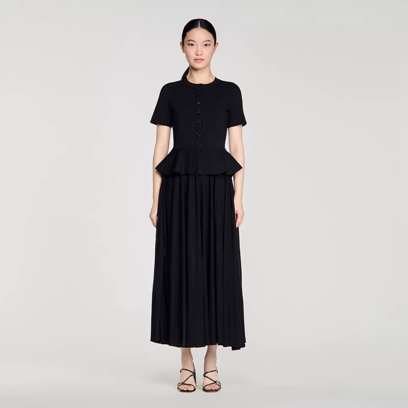NEW Sandro Two fakes Pleated Ruffled edge black Knitted Dresses Women&rsquo;s