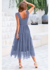 Pretty Garden Womens Small Blue Smocked Ruffle Sleeve Tulle Midi Dress Casual