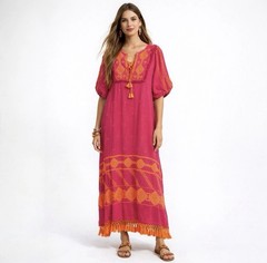 Figue Maxi Dress M Mela Pink Orange Embroidered Boho Resort Organic Cotton Shift