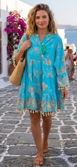 Antica Sartoria Boho Turquoise & Gold Embroidered Mini Dress – Tassel Beach New