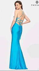 NWT Faviana Long Formal Prom Corset Gown Low Back Train Sea Blue Size 8 $328