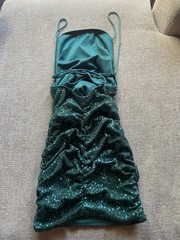 Fashion Nova Green Sequin Ruched Knit Lined Bodycon Mini Dress Spaghetti S
