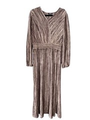 Misook Dress Womens Large Brown Striped Knit Pleated V Neck Long Sleeve Maxi