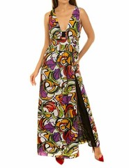 HANITA Full Length Dress Abstract Floral Print Summer Crepe Empire Style Cut szS
